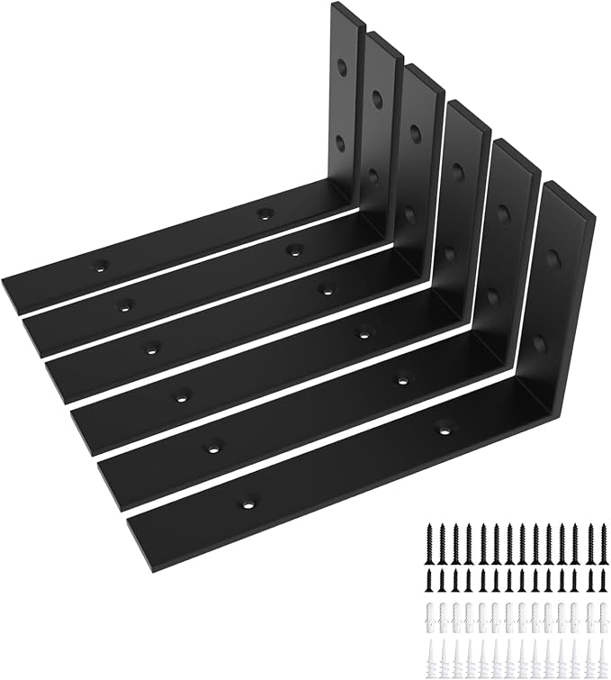 6-Pack Heavy Duty 12-Inch Black Shelf Brackets, L Shelf Bracket 12 Inch for Floating Shelves, 1/5-Inch Thick