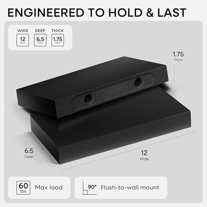Homeforia Floating Shelf Black 12 inch, High End Solid Real Wood Small 12inch Floating Shelves for Wall Mounted, Black Wooden 12 in Floating Shelves, Heavy Duty Bracket, 12 X 6.5 X 1.75 inch, Set of 3
