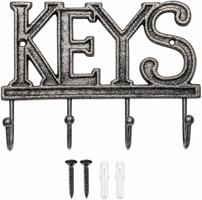 Comfify Gray Cast Iron Key Holder for Wall – Keys Sign with 4 Hooks | Neutral gray versatile finish; mounting hardware included; entryway, hallway or door; 6"H x 8"L; holds 8 keychains