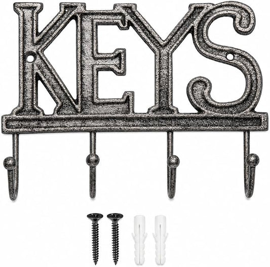 Comfify Gray Cast Iron Key Holder for Wall – Keys Sign with 4 Hooks | Neutral gray versatile finish; mounting hardware included; entryway, hallway or door; 6"H x 8"L; holds 8 keychains