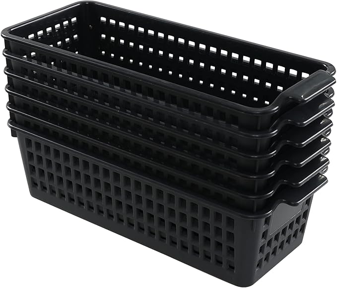 Plastic Slim Storag Basket, 6 Packs Small Organizer Basket Bins, Black