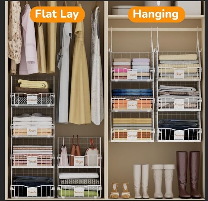 Hanging Closet Organizers and Storage, 6 Tier Closet Shelf Clothes Organizer with 2 S-Hooks, Multi-Functional Iron Wire Baskets, for Clothing, Sweaters, Handbags, Hat, Canned