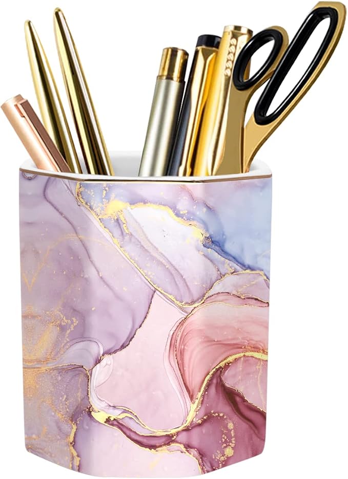 Large Capacity Colored Ceramic Marble Pencil Storage Marker Pen Holder Cute Stationery Holder For Office,High School College Student Girl Women Adult Teen Gift, Pink