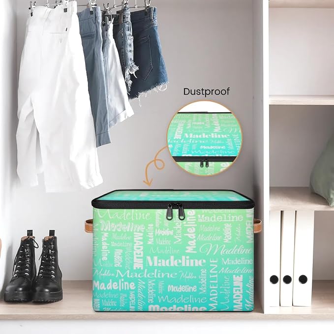 Custom Storage Basket with Name, Personalized Keepsake Box with Zipper Lid, Foldable Fabric Memory Bin Large capacity with Handle Green Blue
