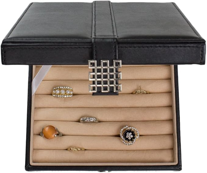 Glenor Co Ring Box Organizer - 54 Slot Classic Jewelry Display Case Holder - Storage Tray with Modern Buckle Closure, Large Mirror - Holds Rings and Cufflinks - Small for Travel - PU Leather - Black