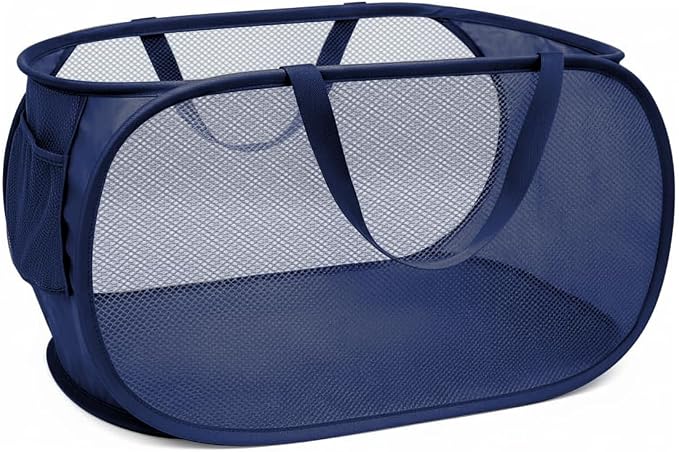 Pop Up Laundry Hamper,Collapsible Horizontal Baskets with Handles & Side Pocket,Foldable Sturdy mesh for Laundry Room,Bathroom,Kids Room,College Dorm or Travel (Navy)