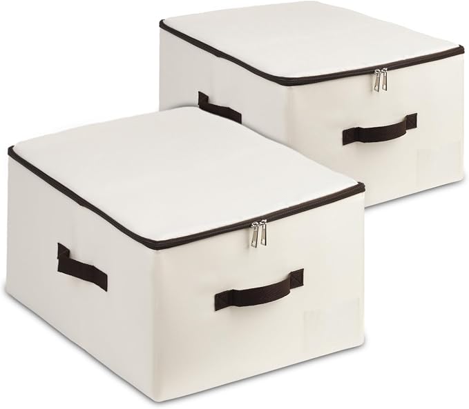 AMJ Foldable Fabric Storage Box (Set of 2) – Lidded Bin for Wardrobe, Household – Beige Organizer Cube – Washable & Stackable