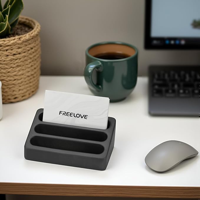 FREELOVE Desktop Card Holder, Concrete, Handmade, 3 Stair 3 Slots, Fits 30-50 Business Cards, Stone Weighted, Smooth Finish, Eva Base, Office Desk Organizer (Black, Small)