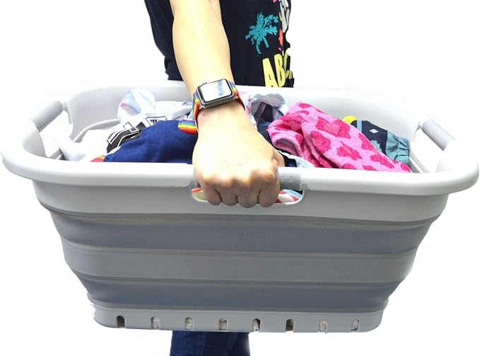 SAMMART 41L (10.8 gallon) Collapsible Plastic Laundry Basket - Foldable Pop Up Storage Container/Organizer - Portable Washing Tub - Space Saving Hamper/Basket (3 handled rectangular, Grey/Grey)