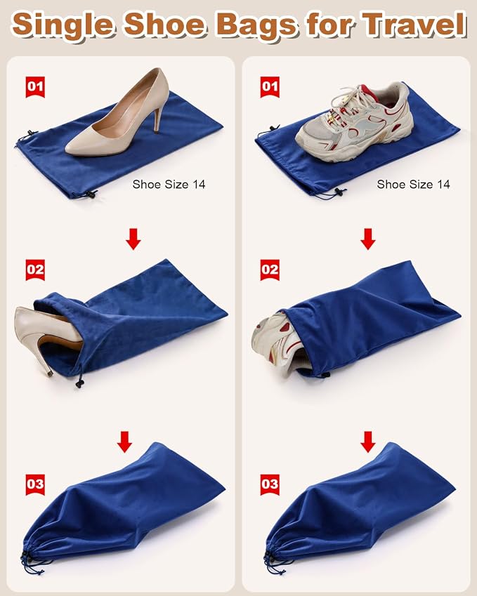 4 Pcs Single Shoe Bags for Travel, Velvet Bags, Palace Blue, 17.3x8.6 Inch | Washable & Reusable Travel Shoe Bags, Dustproof Shoe Bags with Drawstring Closure, Suitable for Travel, Home Storage