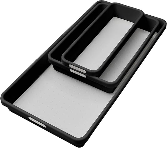 madesmart Classic 3 Bin Drawer Organizer Set, Carbon | non slip feet, rounded corners, modular layout, mixed sizes, custom fit, office craft supplies, makeup tools, woman owned