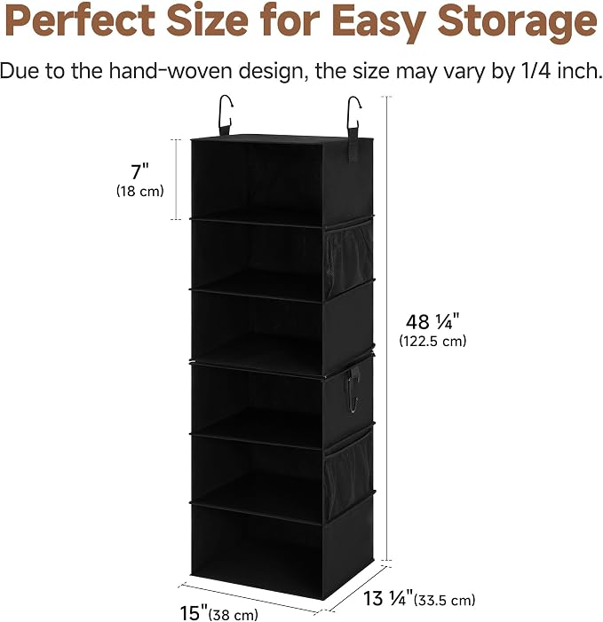 StorageWorks Hanging Closet Organizer 6-Shelf, Jumbo Separable Two 3 Shelf Closet Storage Organizer with Side Pockets, Portable Hanging Shelves for Wardrobe, RVs, 13" D x 15" W x 48 ¼"H, Black