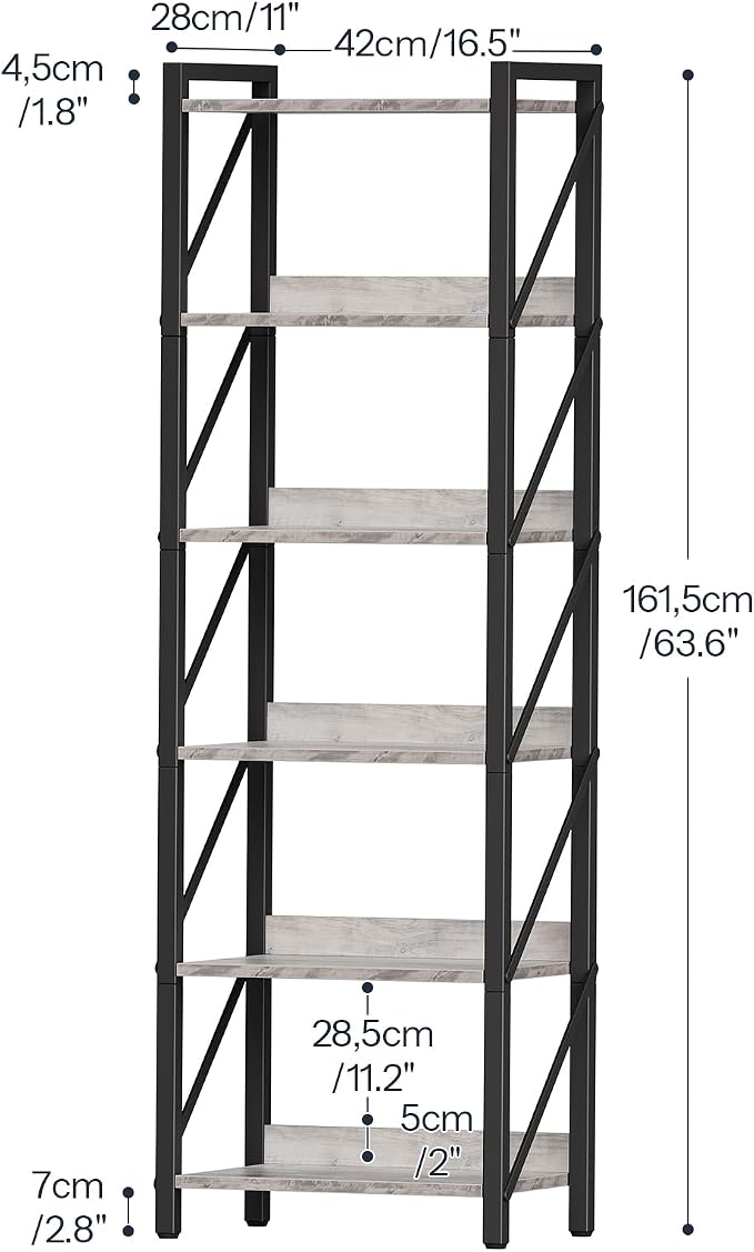 HOOBRO Bookshelf, 6-Tier Industrial Bookcase, Book Shelf Storage Organizer, Tall Bookshelf with Metal Frame for Living Room, Bedroom, Home Office, Kitchen, Greige and Black BG72SJ01