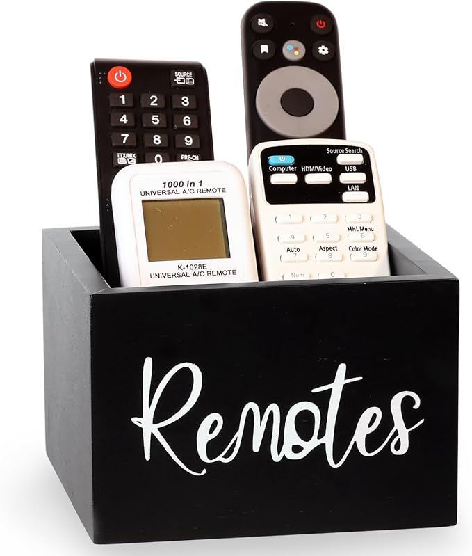 Remote Control Holder, Wooden TV Remote Holder for Table, Remote Organizer Caddy for Home Decor, Remote Box for Nightstand, Black Labeled Remote, 1 Slot - 5.1 Inch