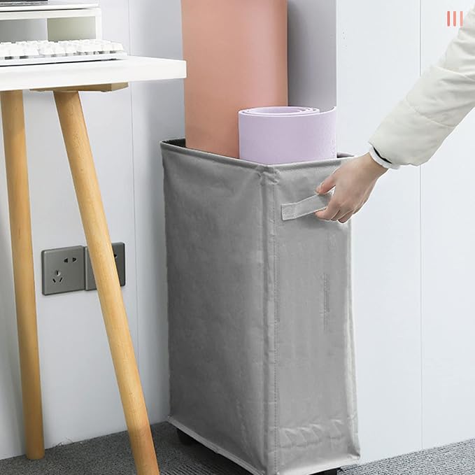 Rolling Slim Laundry Basket Foldable Sorter and Organizer on Wheels Tall Thin Dirty Laundry Hamper Basket Cloth Storage Bin for Household Sundries(Dark Gray)