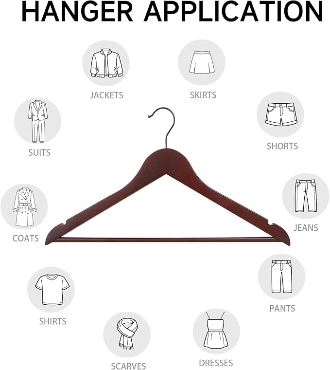 Quality Wooden Clothes Hangers, Solid Wood Suit & Coat Hangers with Pants Bars, Swivel Hook, Shoulder Notches, Heavy Duty Hangers for Shirts, Jackets, Dresses & Trousers(Mahogany/12-Pack)