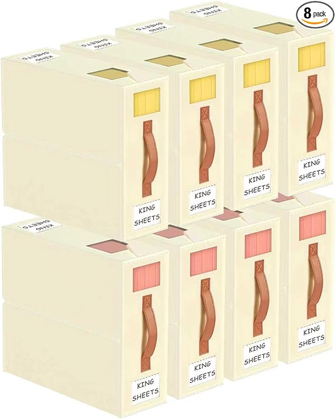 Aokeyee Bed Sheet Organizers and Storage - 8 Pack (Queen or King Size),Foldable Storage Box for Duvet Cover Set, Linen Closet Organizer for Bedding Clothes Blankets, Ivory