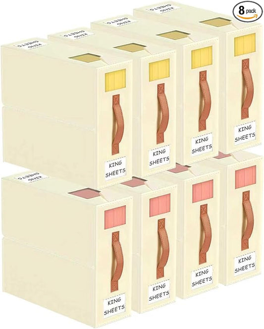 Aokeyee Bed Sheet Organizers and Storage - 8 Pack (Queen or King Size),Foldable Storage Box for Duvet Cover Set, Linen Closet Organizer for Bedding Clothes Blankets, Ivory
