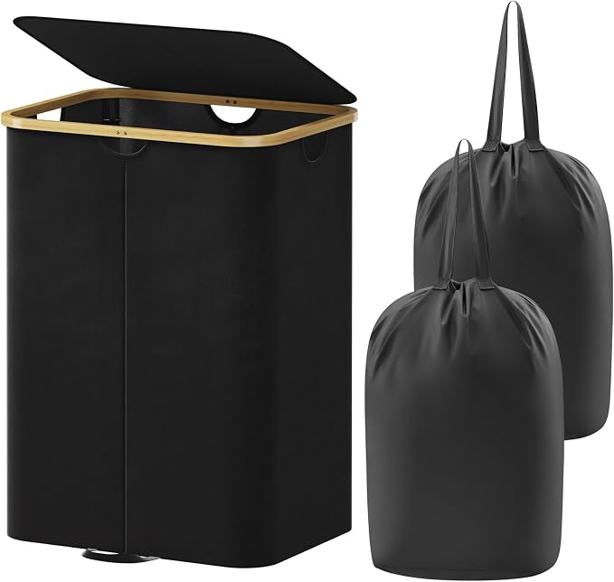 Lifewit 150L Double Laundry Hamper with Lid, Large Laundry Basket with Removable Bag & Bamboo Handles, Fodable Tall Dirty Clothes Hamper for Laundry Collapsible Bin for Bathroom Bedroom Dorm, Black