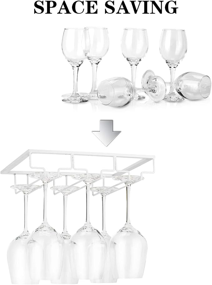 FOMANSH Wine Glass Rack - Under Cabinet Stemware Wine Glass Holder Glasses Storage Hanger 2 Pack Metal Organizer for Bar Kitchen White