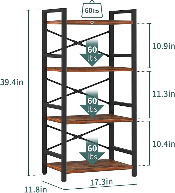 Yoobure 4 Tier Bookshelf - Small Book Shelf Industrial Bookcase, Narrow Book Case Book Storage Organizer for CD/Movie/Book, Bookshelves for Bedroom Office Living Room Berry Brown