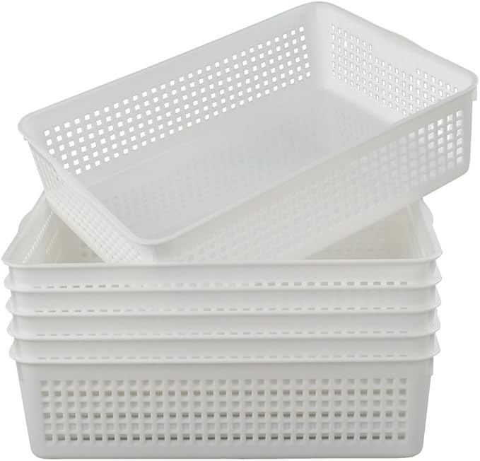 Plastic Storage Trays Baskets/Organizing Baskets, Set of 6 (White) | 13.2 Inches x 9.6 Inches x 3.6 Inches, Perfectly Fits A4 Papers, Documents and Daily Small Supplies