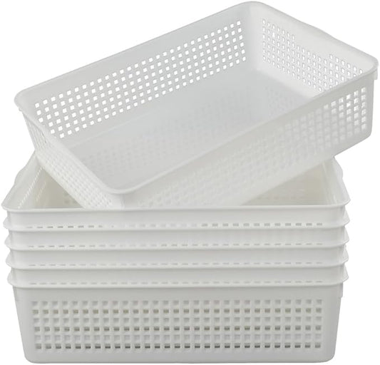 Plastic Storage Trays Baskets/Organizing Baskets, Set of 6 (White) | 13.2 Inches x 9.6 Inches x 3.6 Inches, Perfectly Fits A4 Papers, Documents and Daily Small Supplies