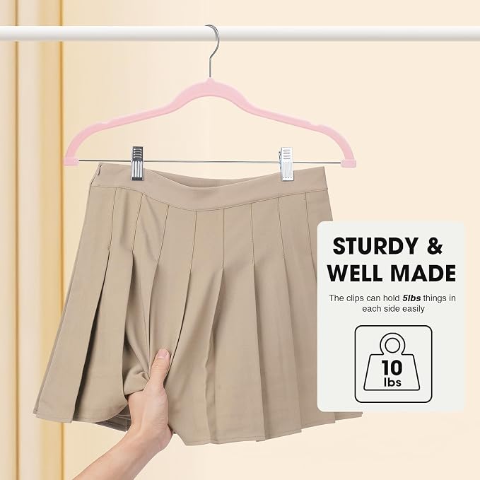 24-Pack Blush Pink Velvet Hangers with Clips Adjustable,Adult Hangers,Heavy-Duty,Felt,Non-Slip,Space Saving,Slim Outfit Hanger for Pants, Skirts, Suits,Coats, Dresses ect.