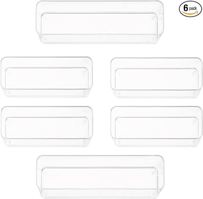 primebox Six Pcs. Plastic Clear Drawer Organizers. Stackable Storage Trays for Kitchen Utensils and Silverware. 2 Sizes. Stackable