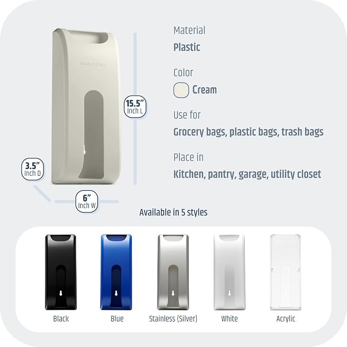 Manterio Wall Mount Plastic Bag Organizer | Durable Plastic Grocery Bag Saver | Smudge Proof, Fingerprint Resistant (Cream)