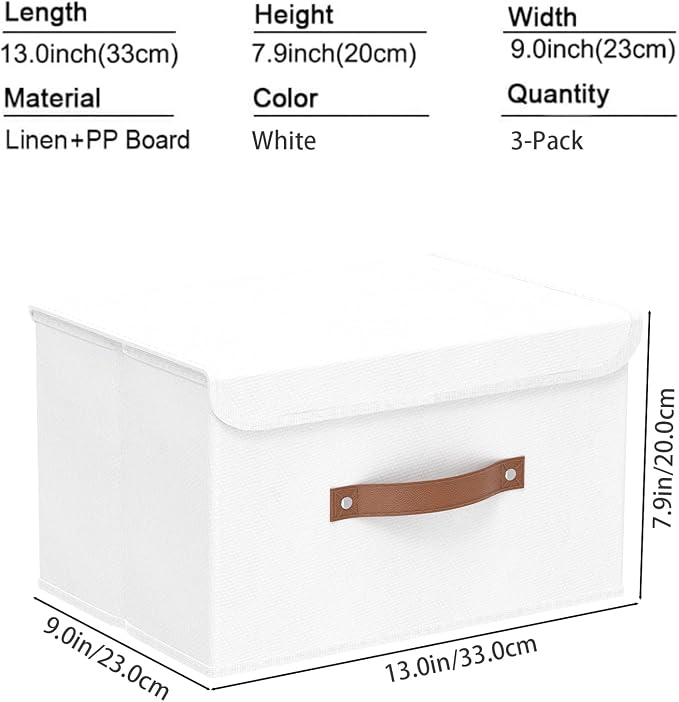 Yawinhe SNK018WL-S Set of 3 Foldable Storage Boxes with Lids for Towels, Clothes, 33 x 23 x 20 cm, White,