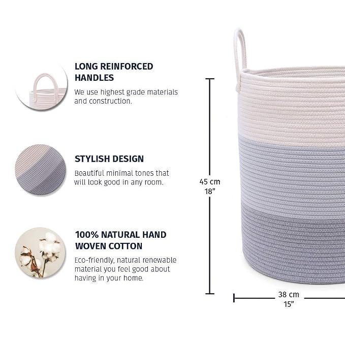 OrganiHaus Tall Cotton Rope Laundry Basket & Hamper, Blanket Storage 52L | 3-Toned Gray - Tall Cotton Rope Hamper, 52L
