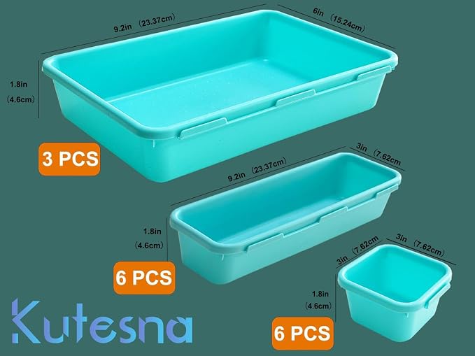 Kutesna 15 PCS Interlocking Desk Drawer Organizer Separator for Office,Bathroom,Kitchen,Makeup（Blue&Green）