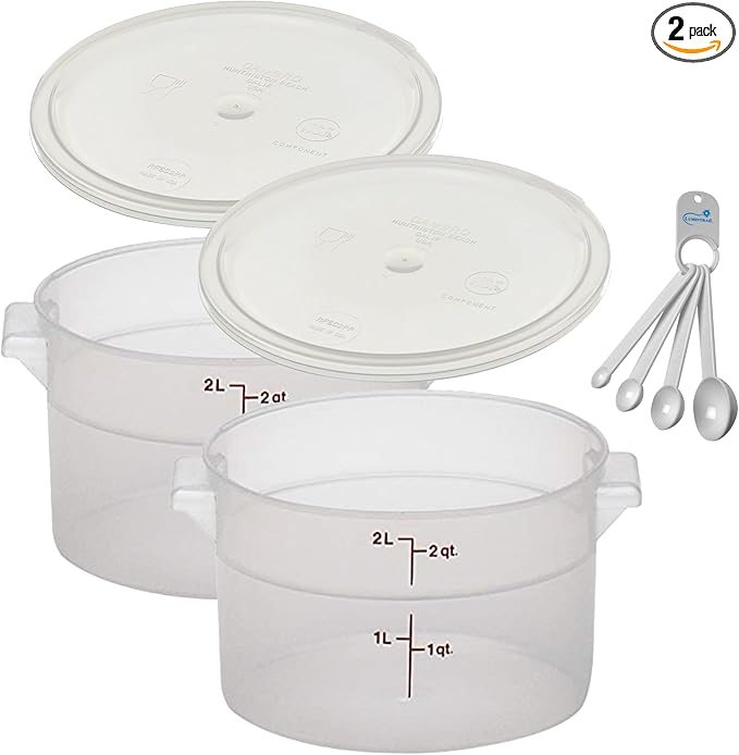 Lumintrail Cambro 2 Quart Round Food Storage Container, 2-Pack Translucent, with a Translucent Lid, Bundle with a Measuring Spoon Set