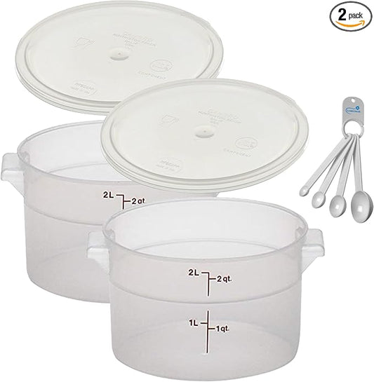 Lumintrail Cambro 2 Quart Round Food Storage Container, 2-Pack Translucent, with a Translucent Lid, Bundle with a Measuring Spoon Set