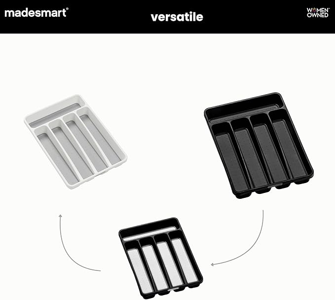 madesmart Small Silverware Tray, Compact 5 Compartment Flatware Organizer for Forks, Knives & Spoons, Non Slip, Soft Grip Lining, Fits Small Drawers, Carbon