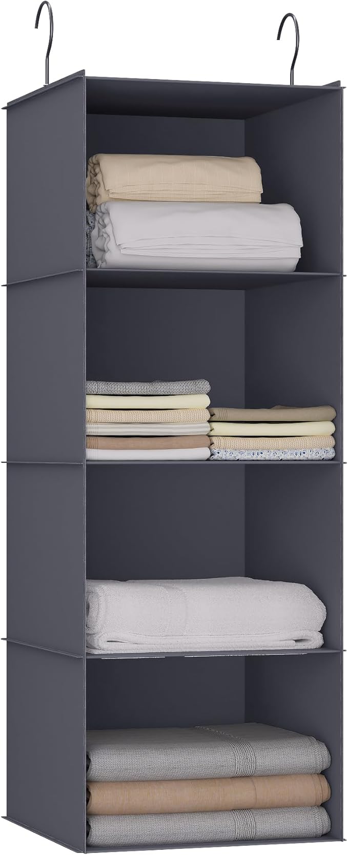 Hanging Closet Organizer 4-Shelf, Oxford Fabric Wardrobe Storage, Dark Grey | Easy-mount foldable design holds clothes, handbags, shoes & accessories; washable Oxford fabric, sturdy and space-saving.