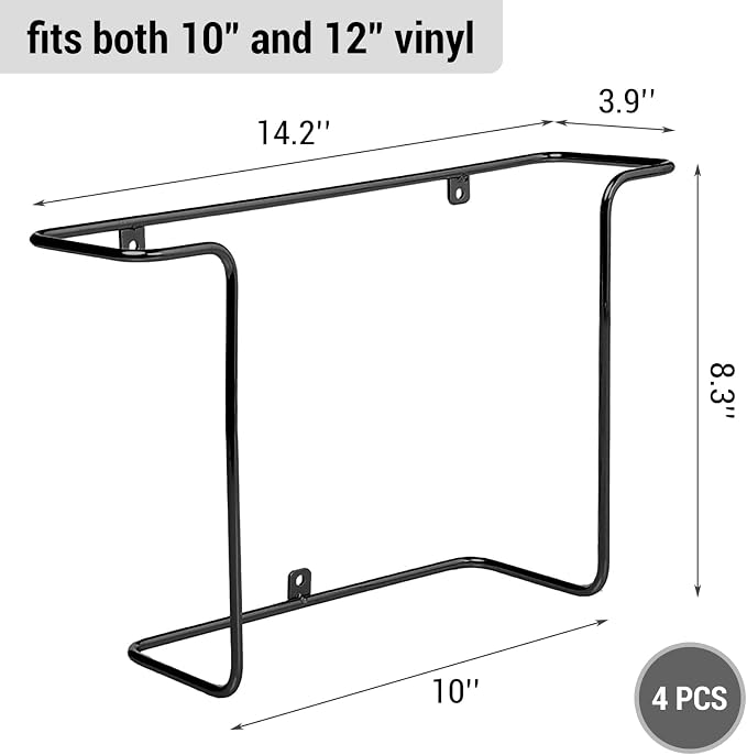 MyGift Modern Metal Wire Record Display Shelf, Vinyl Records Wall Mount Storage Racks, Hanging LP Record Holders, Floating Album Cover Display Shelves, Set of 2 (Black- 4 Pcs)