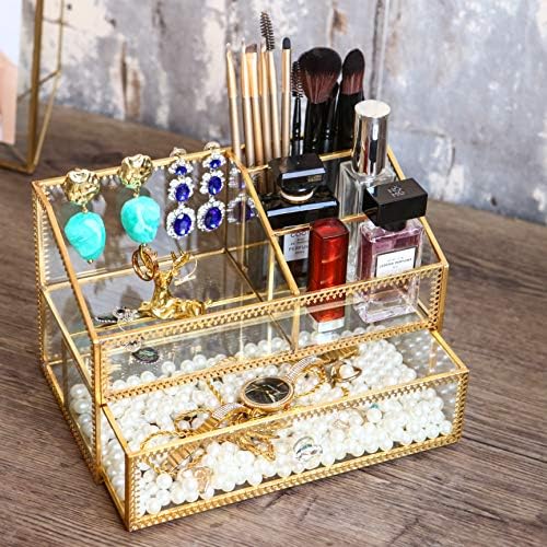 Golden Glass Box Vanity Tray Glass Case Makeup Display Organizer on Dresser, Multifunctional Cosmetic Storage for Palett