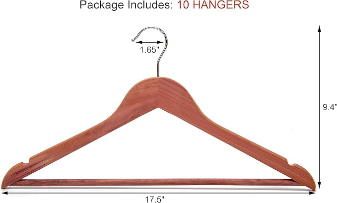 American Red Cedar Wooden Coat Suit Hangers, Wood Skirt Dress Hangers, Smooth Cut Notches- 360°Flexible Hook- Solid Non-Slip Bar 10 Pack-Natural - HL03N