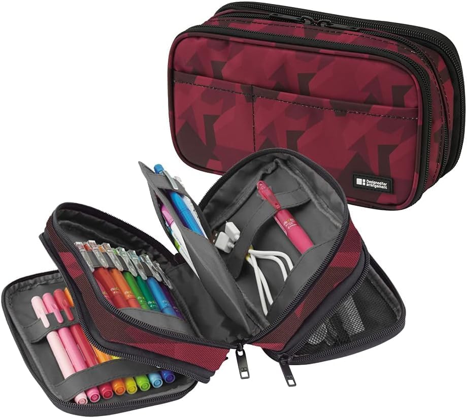 LIHIT LAB Large Capacity Triple Zipper Pencil Case For School Office College, Big Capacity 8 Compartments Pencil Bag Holder Adults Teen Boys Girls, Travel Cosmetics Storage, Maroon Camo (A7556-133)