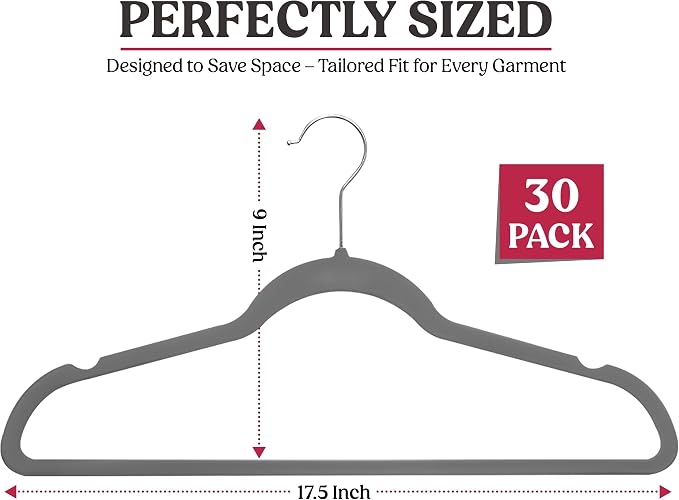LDC Grey Velvet Hangers 30 Pack - Premium Non-Slip Clothes Coat Pants Felt Hanger for Closet - Heavy Duty Space Saving 360° Swivel Hook Hangars - Grey