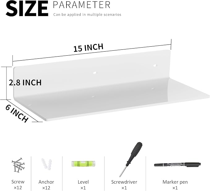 4 Pack White Acrylic Floating Shelves 15 Inches, Wall Hanging Bathroom Shelves, Wall Organizer Shelf for Kitchen, Living Room, Bathroom, Retail, Supermarket, 4 Pack