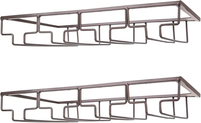 FOMANSH Wine Glass Rack - Under Cabinet Stemware Wine Glass Holder Glasses Storage Hanger 2 Pack Metal Organizer for Bar Kitchen 4 Rows Brown