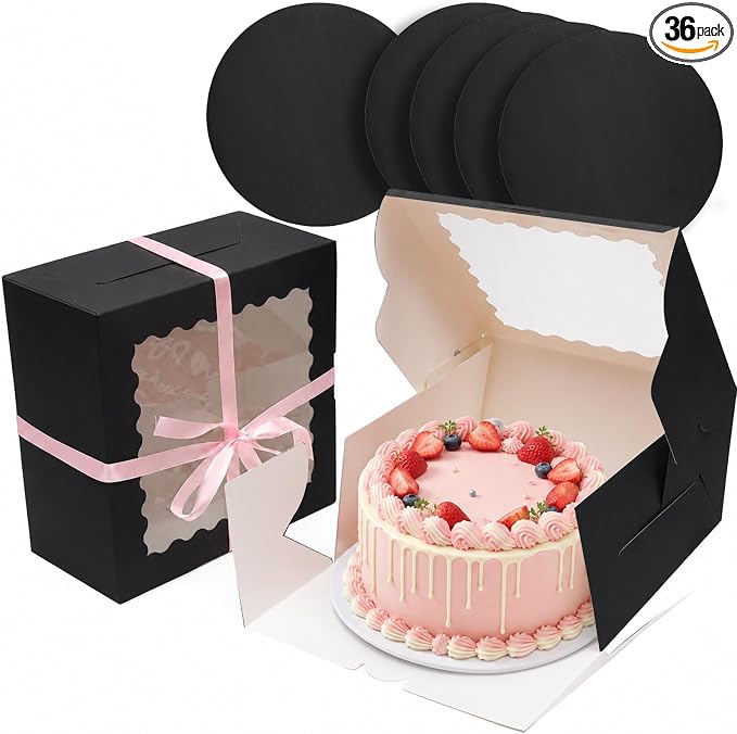 qiqee 10"x10"x5" Cake Box, 36 Sets Black Cake Box with Window ＆ 36 Sets 10" Black Cake Round Boards, for Cake, Treat Cookie Dessert, Pastry, Birthday Party, Weddings