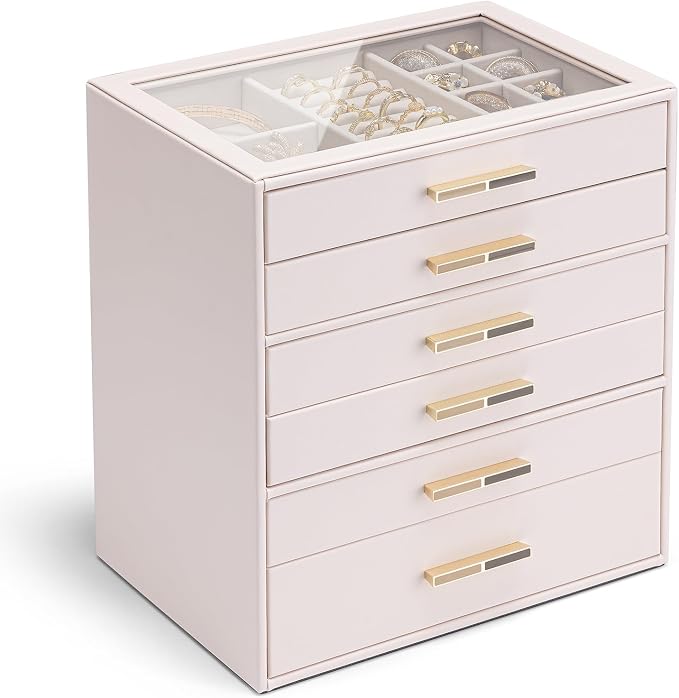 VLANDO 6-Drawer Jewelry Box with Glass Lid, Faux Leather Organizer for Rings Earrings Necklaces and More, Gift-Ready Jewelry Case for Women Girls or Moms, Pink Beige