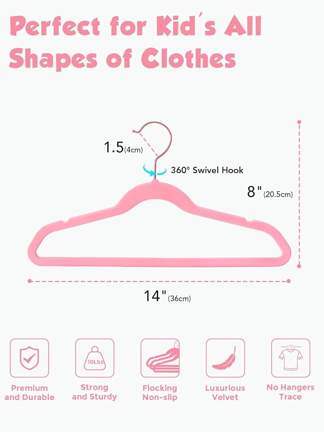 Smartor Kids Velvet Hangers 50 Pack, 14 Inch Premium Non Slip Kids Felt Hangers for Closet, Space Saving Toddler Clothes Hanger for Youth's Childrens' Clothes (Rose Gold Hook)- Pink