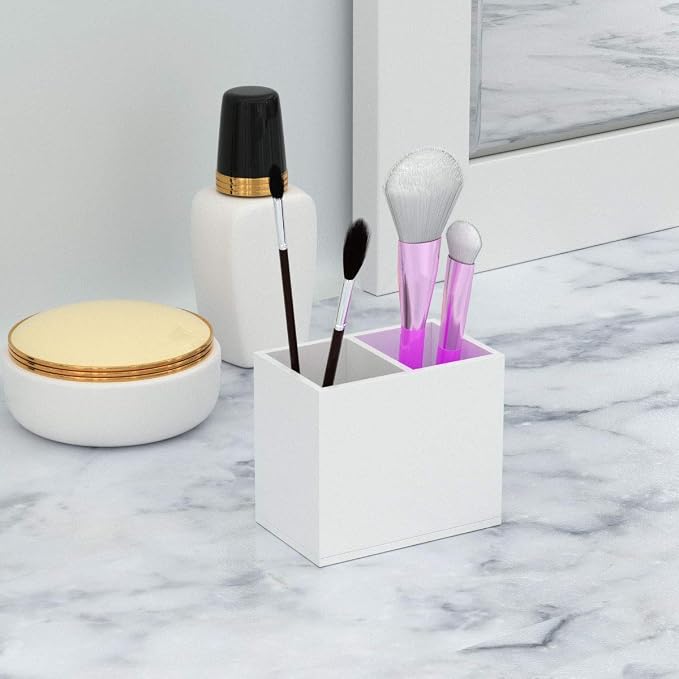 NIUBEE Acrylic Pen Holder 2 Compartments, White Pencil Organizer Cup for Countertop Desk Accessory Storage