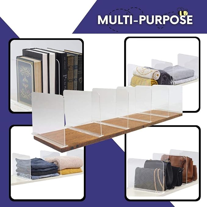 Bee Neat Closet Acrylic Shelf Dividers, Closet Organizer, 6 Pack, 8" x11 ⅝ | Clear Acrylic Shelf Dividers for Organizing Closet Clothes, Towels, Sweaters, Purses & Books