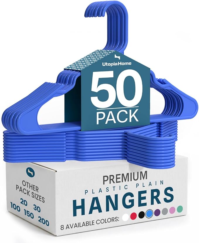 Utopia Home - Plastic Hangers 50 Pack - Space Saving Clothes Hanger - Durable and Strong Closet Organizers and Storage Makes It Ideal Stocking Stuffers or Apartment or Dorm Room Essentials (Blue)